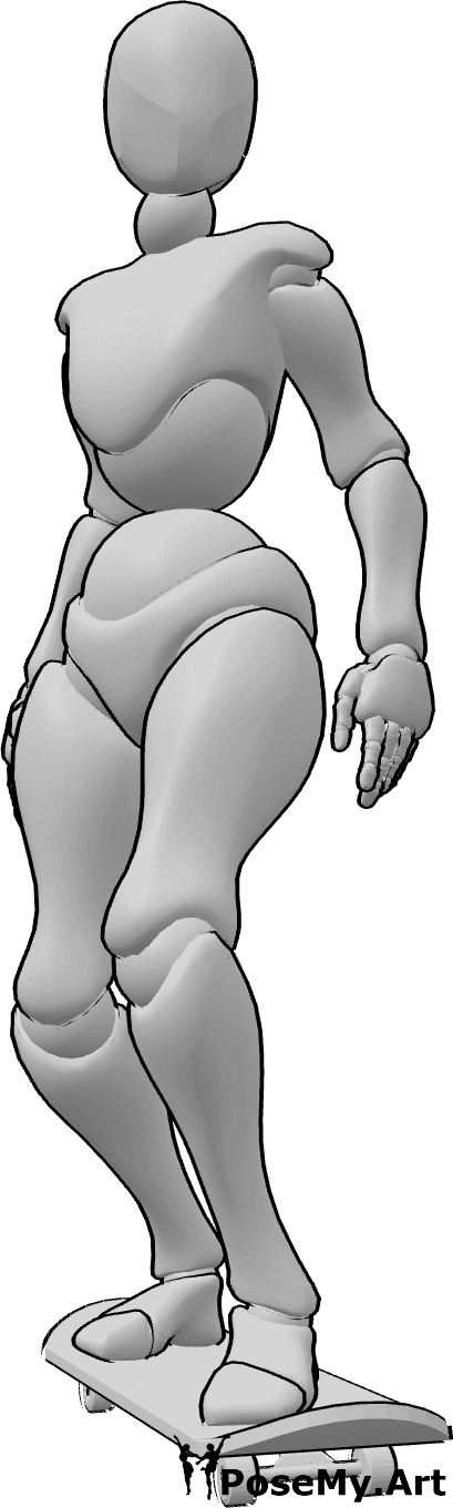 Referencia de poses- Postura femenina en monopatín - La mujer está de pie sobre el monopatín, con el pie izquierdo hacia delante y el derecho hacia atrás.