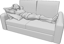 Referência de poses- Homem deitado em pose de auscultadores - O homem está deitado confortavelmente no sofá e ouve música com auscultadores