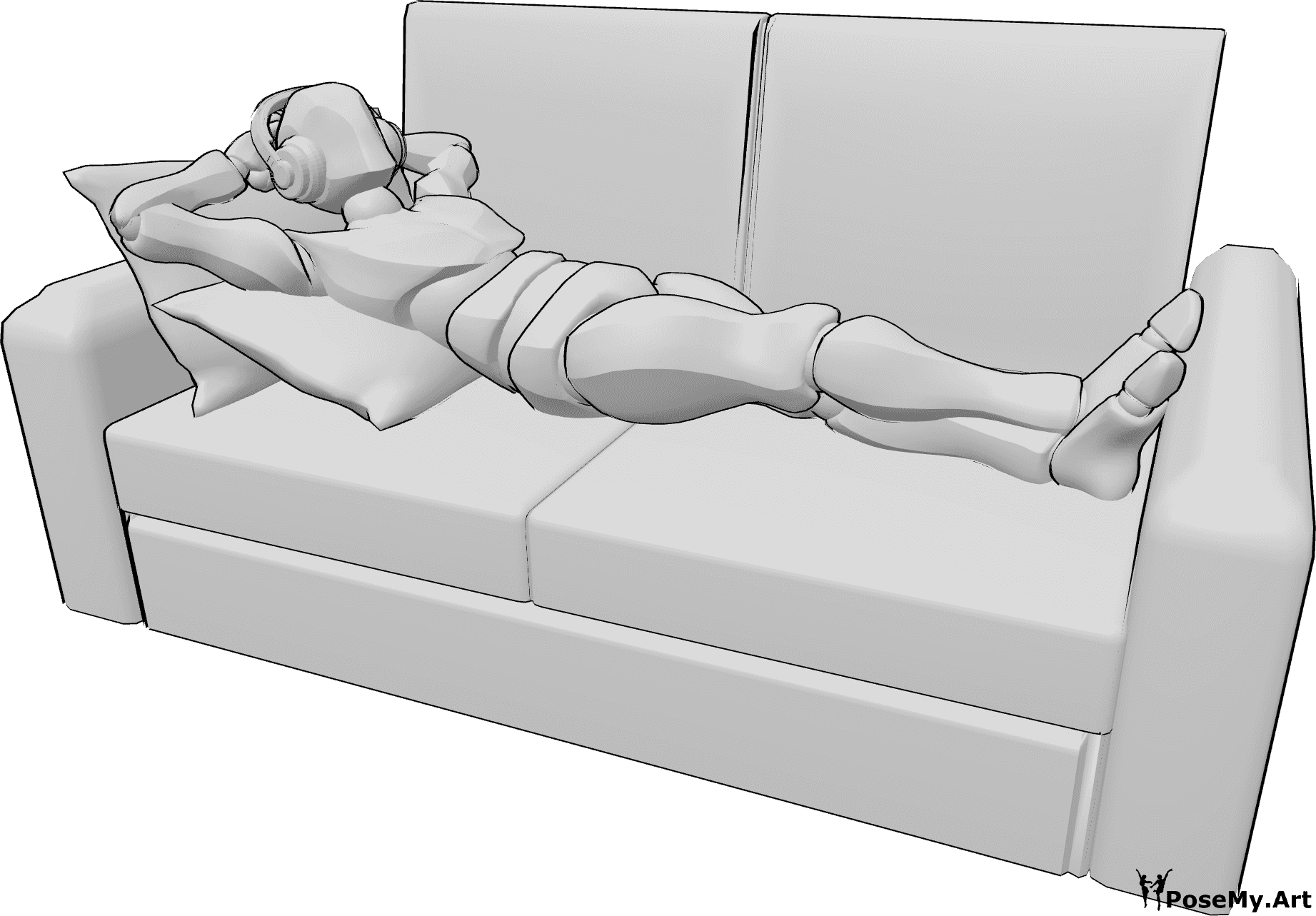Référence des poses- Homme couché, pose du casque - L'homme est confortablement allongé sur le canapé et écoute de la musique avec des écouteurs.