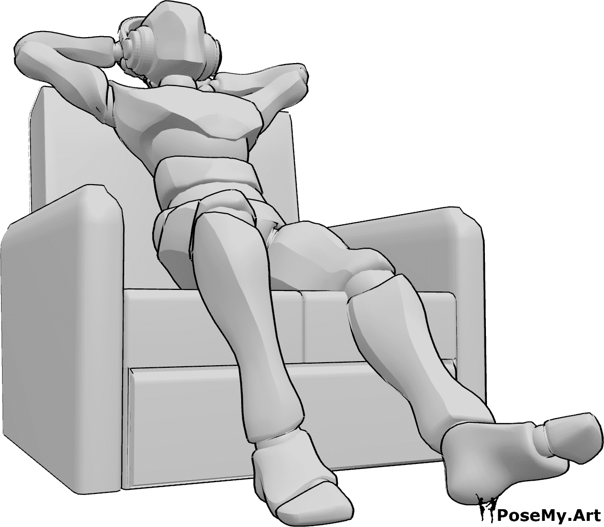 Posen-Referenz- Sitzend Musik hören Pose - Mann sitzt bequem auf der Couch und hört Musik über Kopfhörer