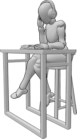Référence des poses- Lecture écoute musique pose - Une femme est assise à une table et écoute de la musique avec des écouteurs tout en lisant un livre.