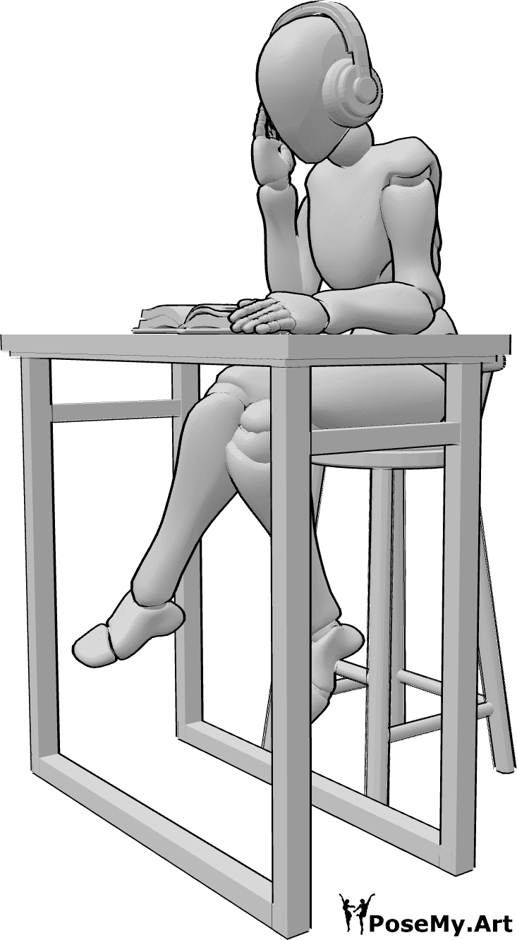 Posen-Referenz- Lesen Hören Musik Pose - Frau sitzt an einem Tisch und hört Musik über Kopfhörer, während sie ein Buch liest