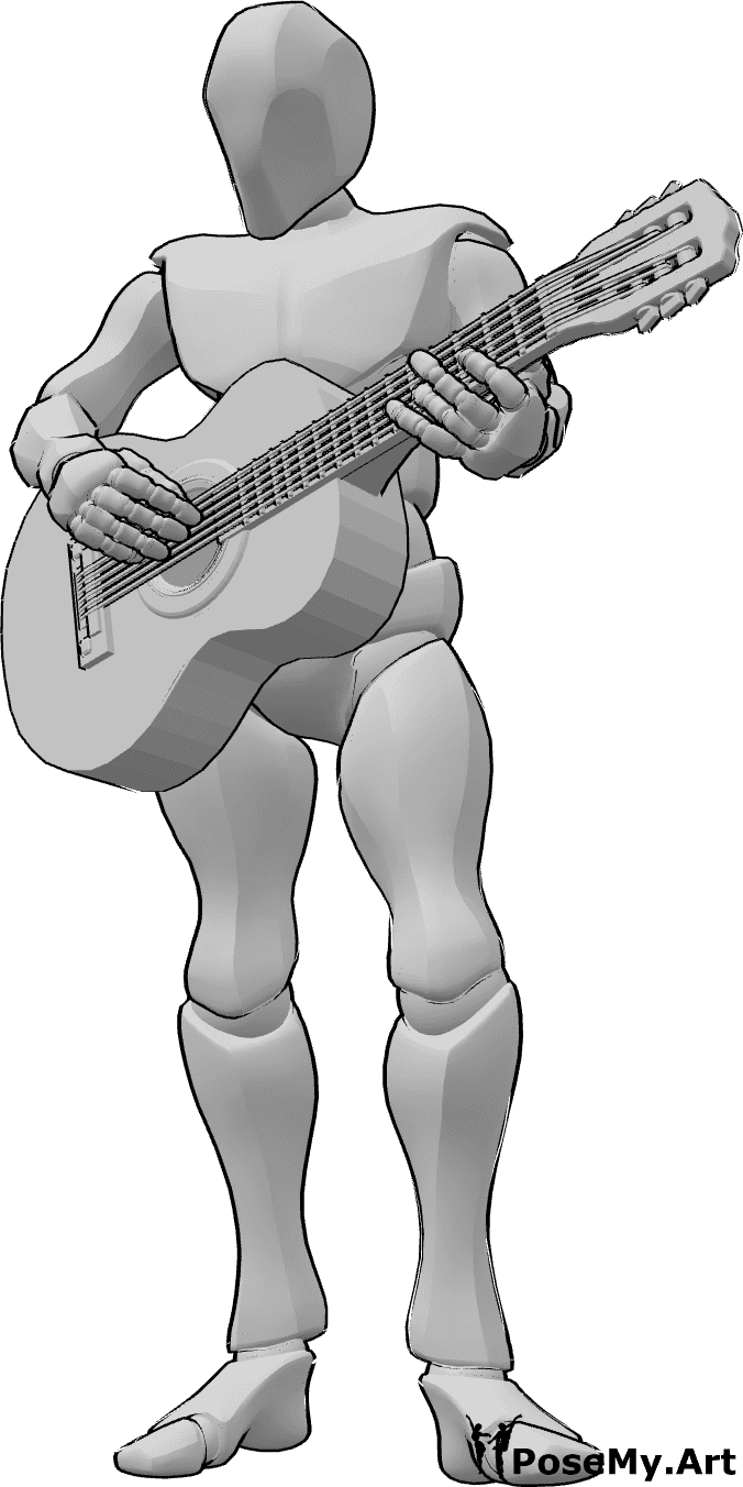 Referencia de poses- Postura de pie tocando la guitarra - Hombre de pie tocando la guitarra acústica, sujetando las cuerdas con la mano izquierda.