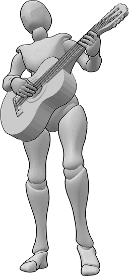Référence des poses- Femme debout posant à la guitare - Femme debout, dansant en jouant de la guitare, référence du dessin de la guitare