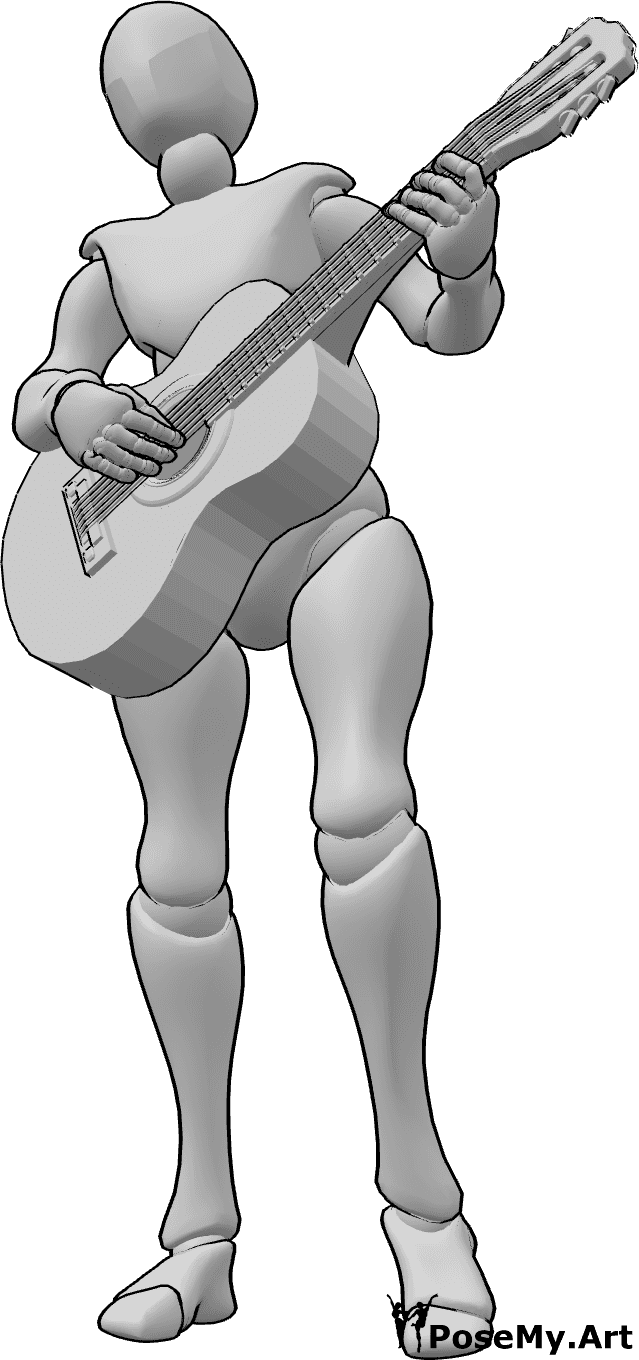 Posen-Referenz- Weibliche Steh-Gitarren-Pose - Frau steht und tanzt, während sie Gitarre spielt, Gitarrenzeichnung als Referenz