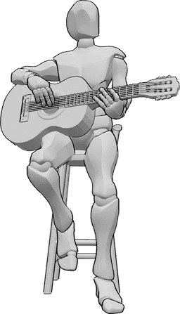 Referência de poses- Homem sentado em pose de guitarra - Homem sentado num banco de bar, olhando para a esquerda enquanto toca guitarra