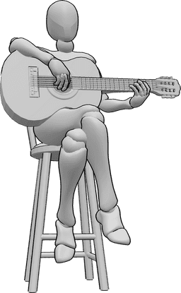 Referencia de poses- Mujer sentada pose de guitarra - Mujer sentada en un taburete de bar con las piernas cruzadas y tocando la guitarra.