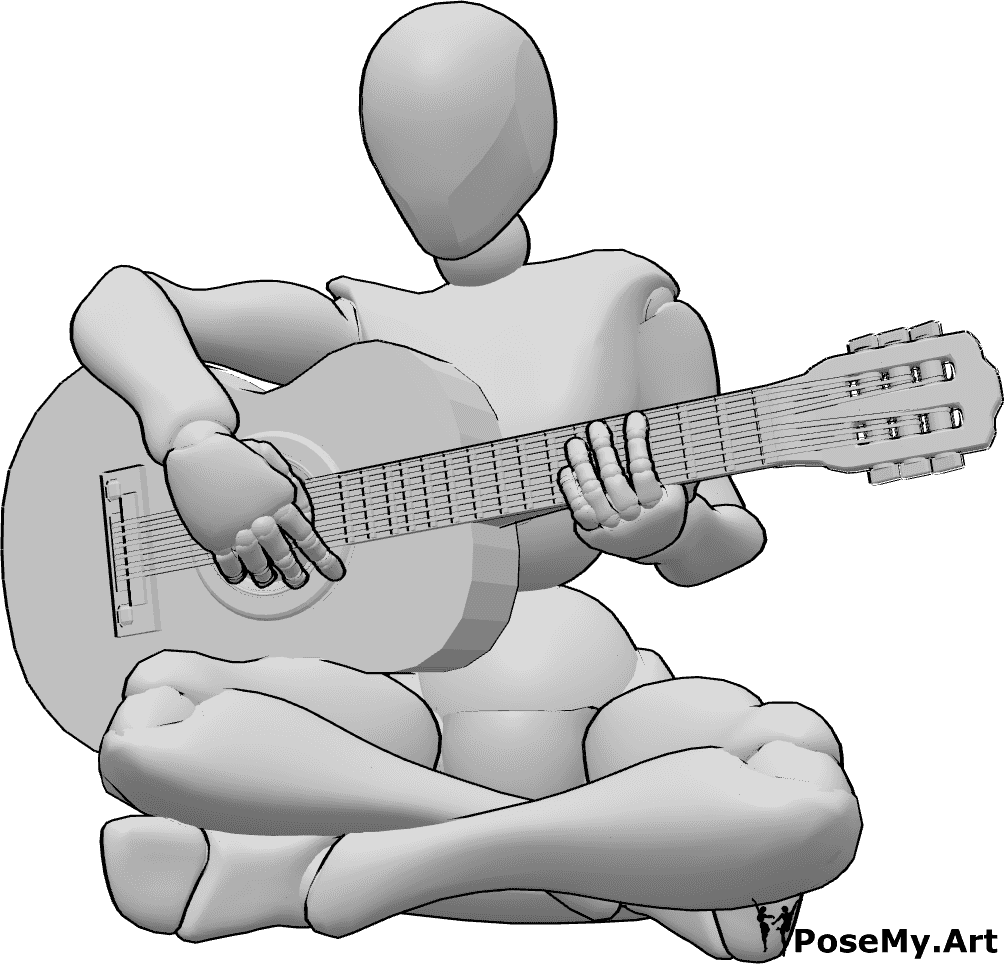 Referência de poses- Pose de mulher a tocar guitarra - Mulher sentada no chão a tocar guitarra, referência de desenho de guitarra
