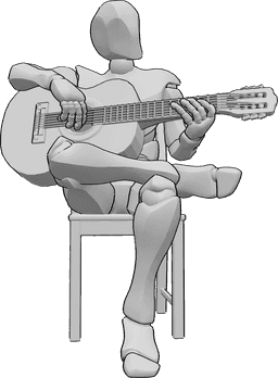 Referencia de poses- Hombre tocando la guitarra - Varón sentado en una silla con las piernas cruzadas y tocando la guitarra, mirando a la izquierda