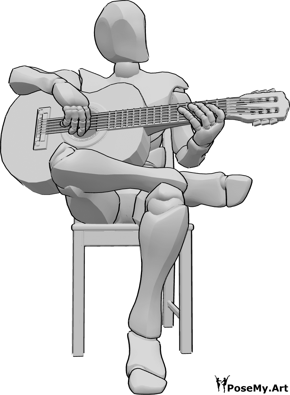 Referência de poses- Homem a tocar guitarra pose - Homem sentado numa cadeira com as pernas cruzadas e a tocar guitarra, olhando para a esquerda