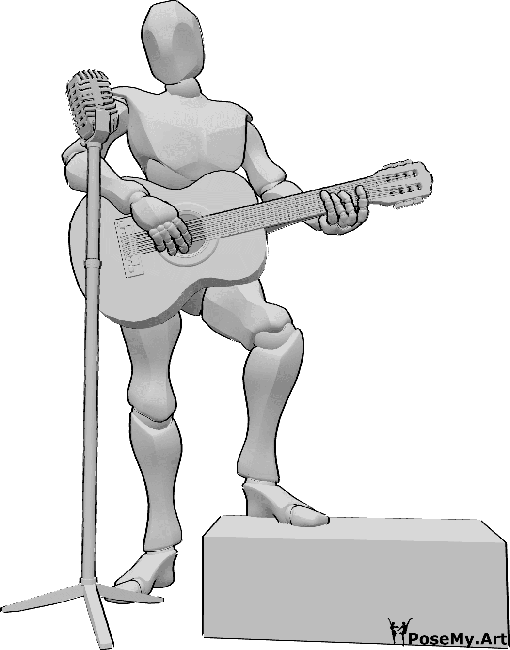 Riferimento alle pose- Concerto di chitarra in posa - Uomo che suona la chitarra e canta sul palco, riferimento per il disegno della chitarra