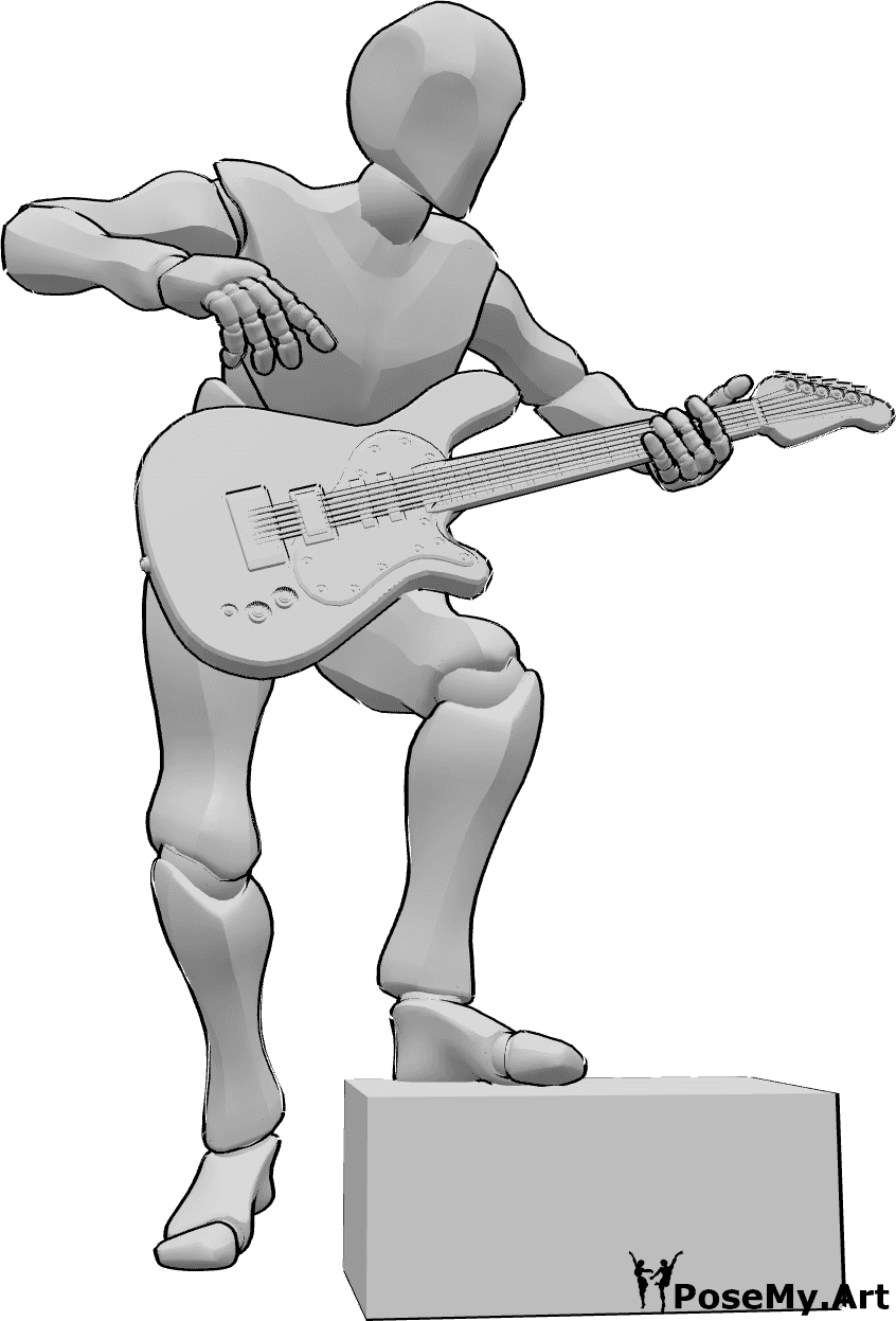 Referência de poses- Pose dinâmica de guitarra eléctrica - Homem a tocar guitarra eléctrica, referência de desenho dinâmico de guitarra eléctrica