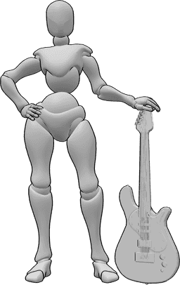 Referencia de poses- Pose femenina de guitarra eléctrica - Mujer de pie y posando con confianza con una guitarra eléctrica en la mano izquierda.