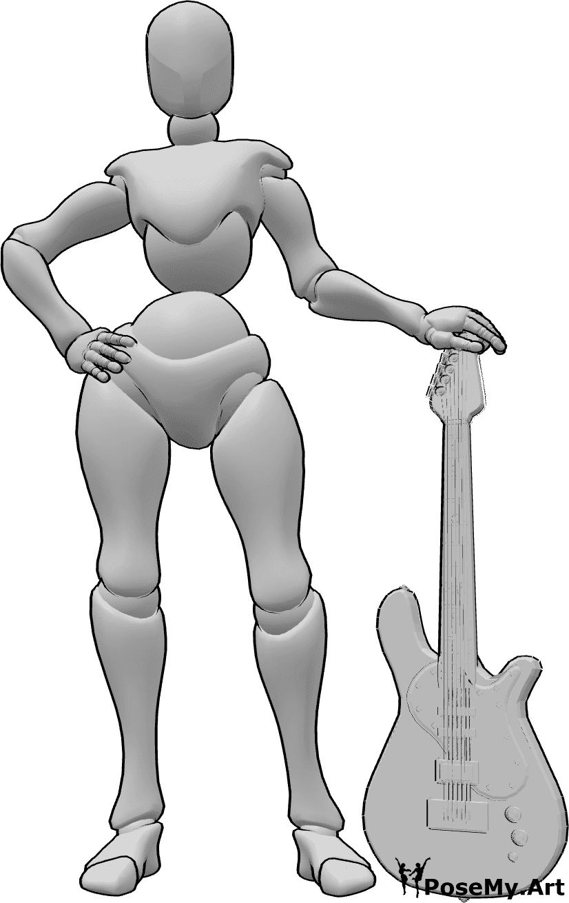 Référence des poses- Pose de guitare électrique féminine - Femme debout, sûre d'elle, posant avec une guitare électrique dans la main gauche.