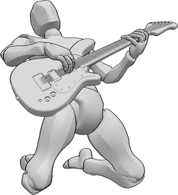 Referencia de poses- Pose masculina de guitarra eléctrica - Hombre arrodillado tocando la guitarra eléctrica, referencia de guitarra eléctrica dinámica