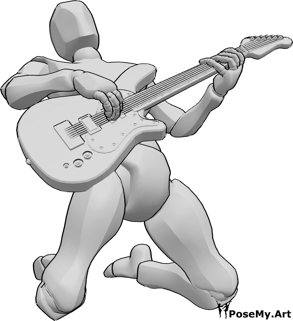 Referencia de poses- Pose masculina de guitarra eléctrica - Hombre arrodillado tocando la guitarra eléctrica, referencia de guitarra eléctrica dinámica