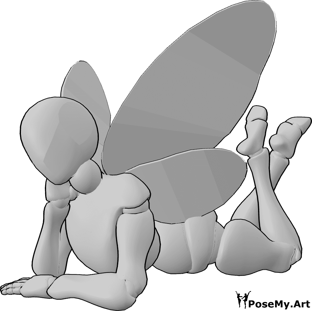 Referência de poses- Pose de fada deitada - A fada está deitada com as pernas cruzadas e a olhar para a frente
