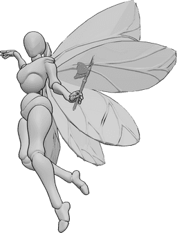 Riferimento alle pose- Posa da incantatore volante - Una fata femmina vola e lancia un incantesimo con la sua bacchetta fatata nella mano sinistra.