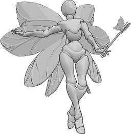 Référence des poses- Pose de la fée qui danse - Une fée vole, tient une baguette de fée dans sa main gauche et danse.