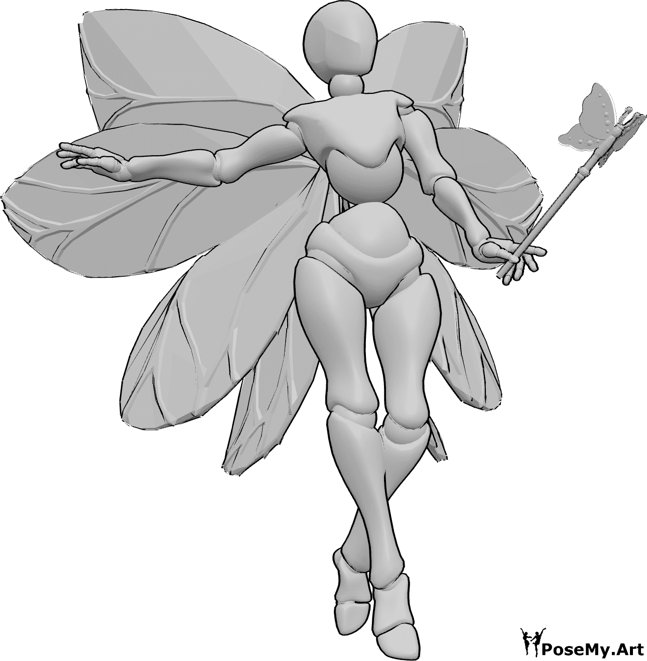 Pose Reference- Fairy dancing pose - Female fairy is flying, holding a fairy wand in her left hand and dancing