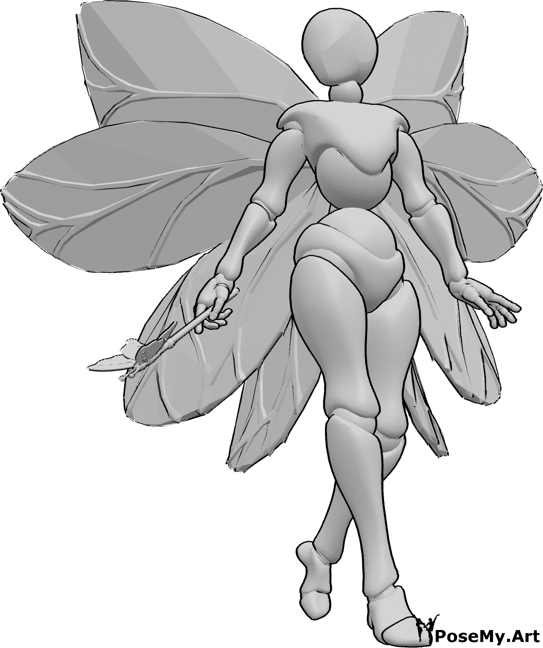 Pose Reference- Fairy walking pose - Female fairy is walking and looking to the right, holding a fairy wand in her right hand
