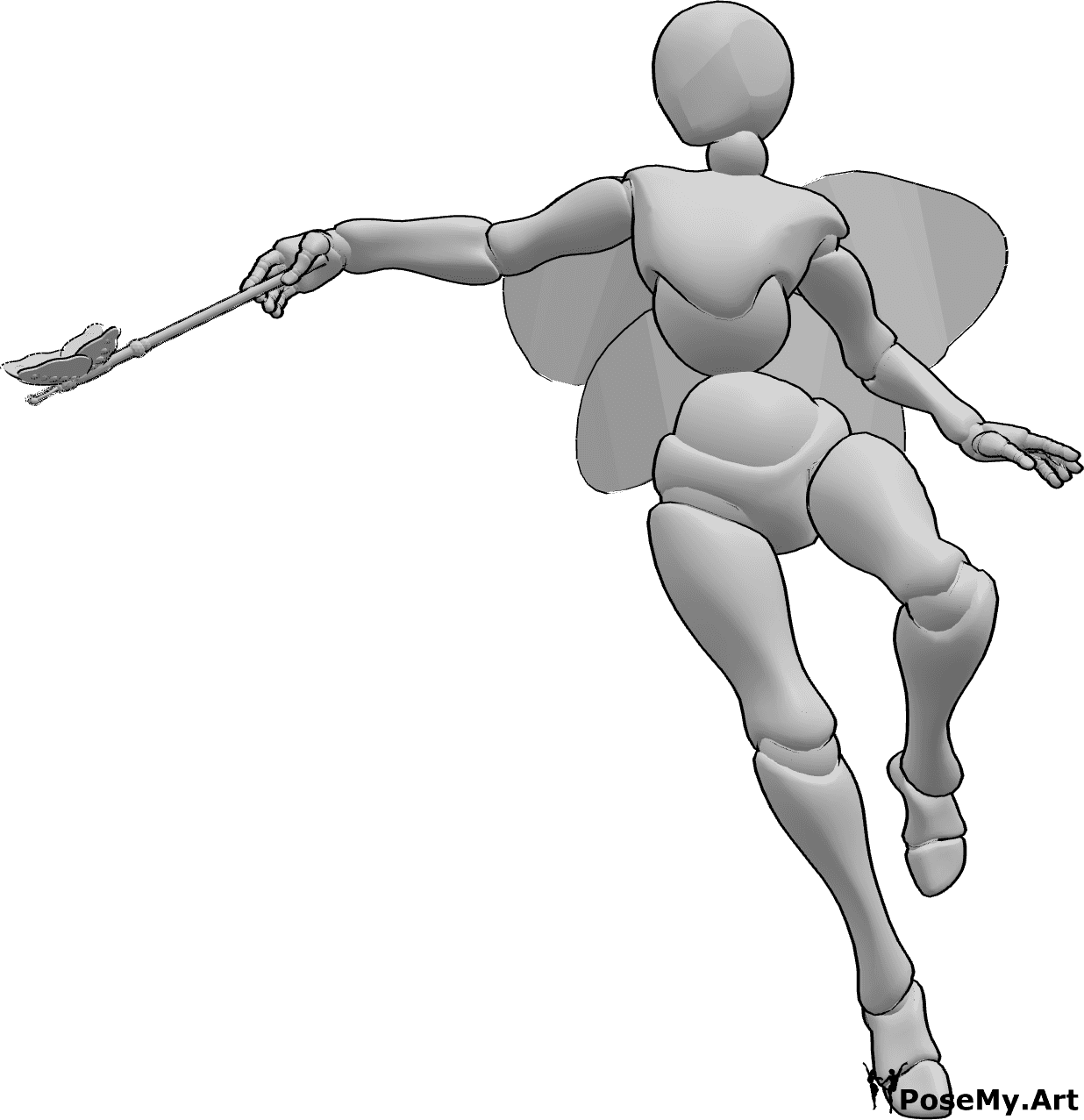 Riferimento alle pose- Posa magica da fata - Una fata femmina vola e lancia un incantesimo con la sua bacchetta fatata nella mano destra.