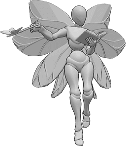 Référence des poses- Pose d'une fée jetant un sort - Une fée vole et jette un sort avec sa baguette de fée à partir de son livre de magie.