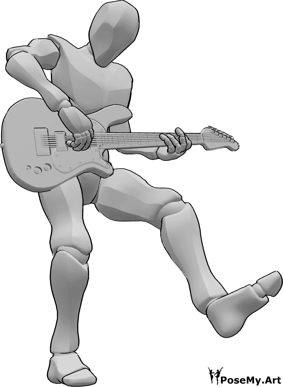 Posen-Referenz- Männlich tanzen spielen Pose - Männlich hebt sein linkes Bein, tanzt, während er E-Gitarre spielt, E-Gitarre Zeichnung Referenz