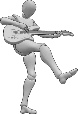 Referencia de poses- Mujer bailando tocando pose - Mujer bailando, de pie sobre el pie izquierdo y levantando la pierna derecha mientras toca la guitarra eléctrica.