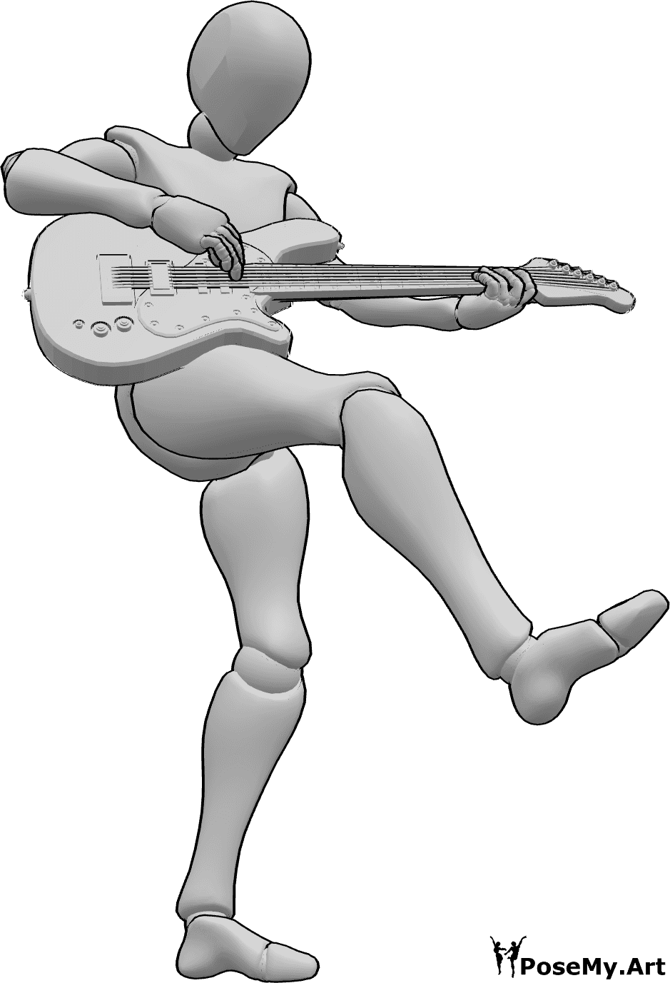 Posen-Referenz- Weiblich tanzen spielen Pose - Frau tanzt, steht auf dem linken Fuß und hebt ihr rechtes Bein, während sie E-Gitarre spielt