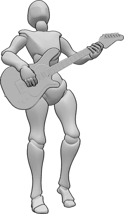 Posen-Referenz- Weibliche E-Gitarren-Pose - Frau steht und spielt E-Gitarre, Blick nach oben