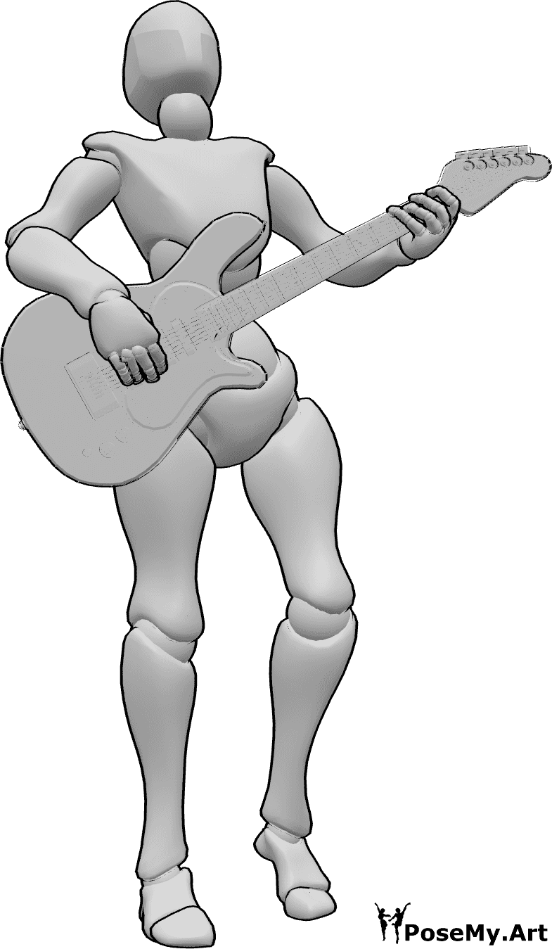 Riferimento alle pose- Posa di chitarra elettrica femminile - Donna in piedi che suona la chitarra elettrica e guarda verso l'alto