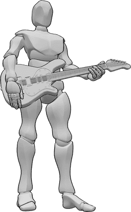 Posen-Referenz- E-Gitarre in Pose halten - Ein Mann steht selbstbewusst mit einer E-Gitarre in der Hand und schaut nach vorne.