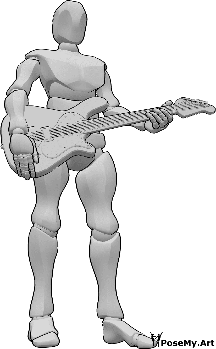 Posen-Referenz- E-Gitarre in Pose halten - Ein Mann steht selbstbewusst mit einer E-Gitarre in der Hand und schaut nach vorne.