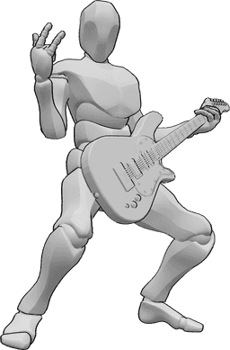 Referência de poses- Pose de estrela do rock com guitarra eléctrica - Homem de pé com uma guitarra eléctrica, a olhar para a direita e a posar como uma estrela de rock