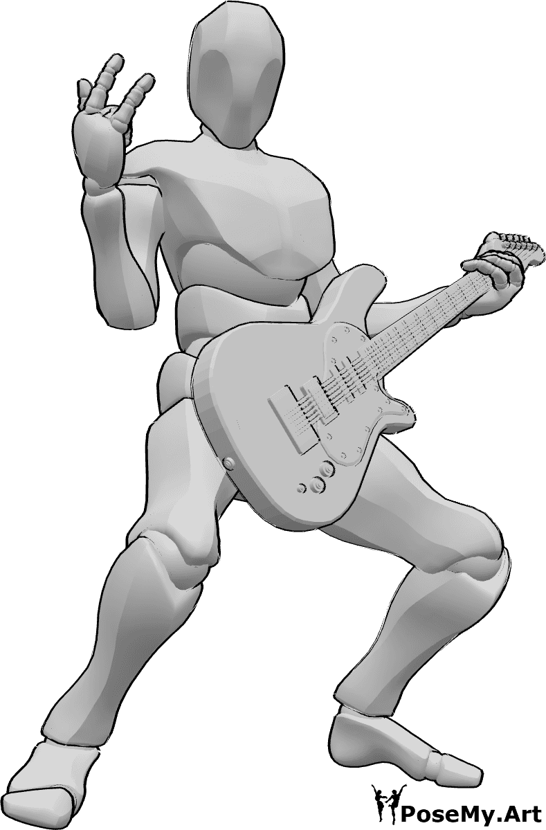 Pose Reference- Electric guitar rockstar pose - Male is standing with an electric guitar, looking to the right and posing like a rock star 