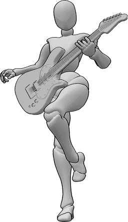 Riferimento alle pose- Posa da chitarra elettrica danzante - Donna in piedi su un piede solo che suona la chitarra elettrica, guardando in avanti