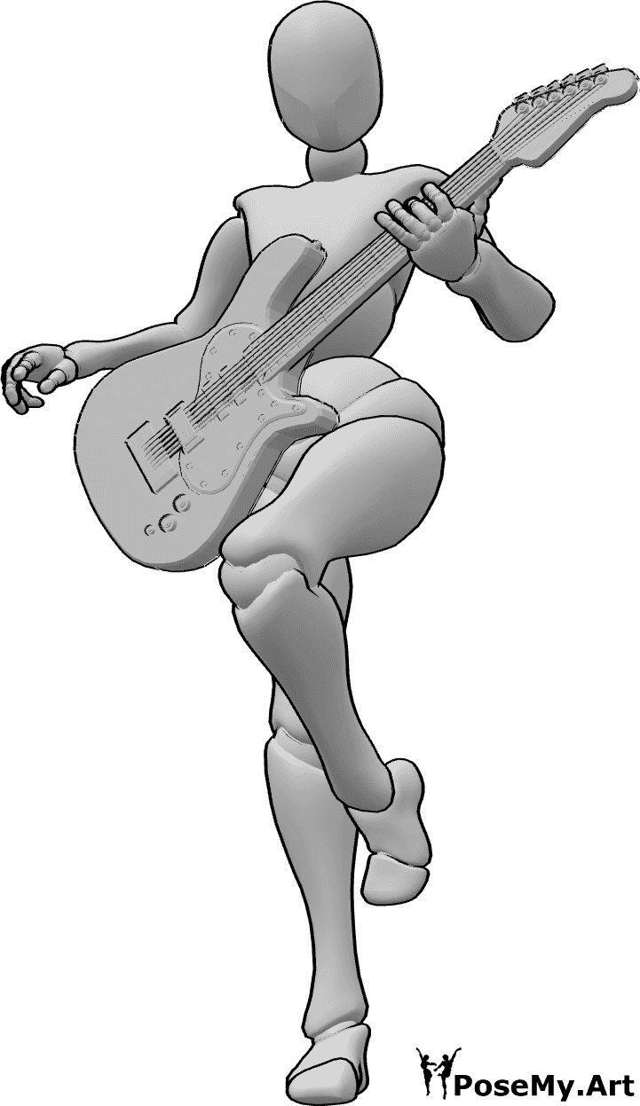 Referência de poses- Pose de guitarra eléctrica a dançar - A mulher está de pé sobre um pé e toca guitarra eléctrica, olhando para a frente