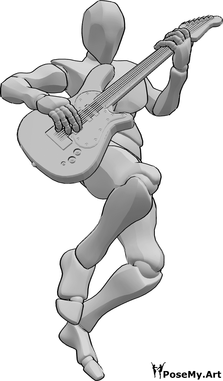 Référence des poses- Pose de la guitare électrique sautante - L'homme saute haut en jouant de la guitare électrique, référence du dessin de la guitare électrique