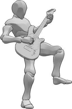 Referencia de poses- Masculino bailando guitarra pose - Hombre bailando, de pie sobre un pie mientras toca la guitarra eléctrica