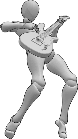 Posen-Referenz- Auf Zehenspitzen E-Gitarren-Pose - Frau tanzt, steht auf Zehenspitzen und spielt E-Gitarre