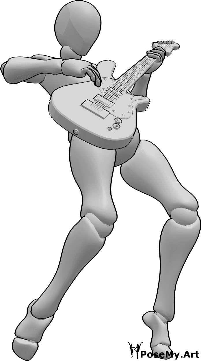 Référence des poses- Pose de la guitare électrique sur la pointe des pieds - Femme dansant, debout sur la pointe des pieds, tout en jouant de la guitare électrique.
