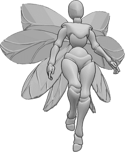 Riferimento alle pose- Posa delle ali di fata - Donna con ali da fata fluttua nell'aria, guardando in avanti, riferimento alle ali