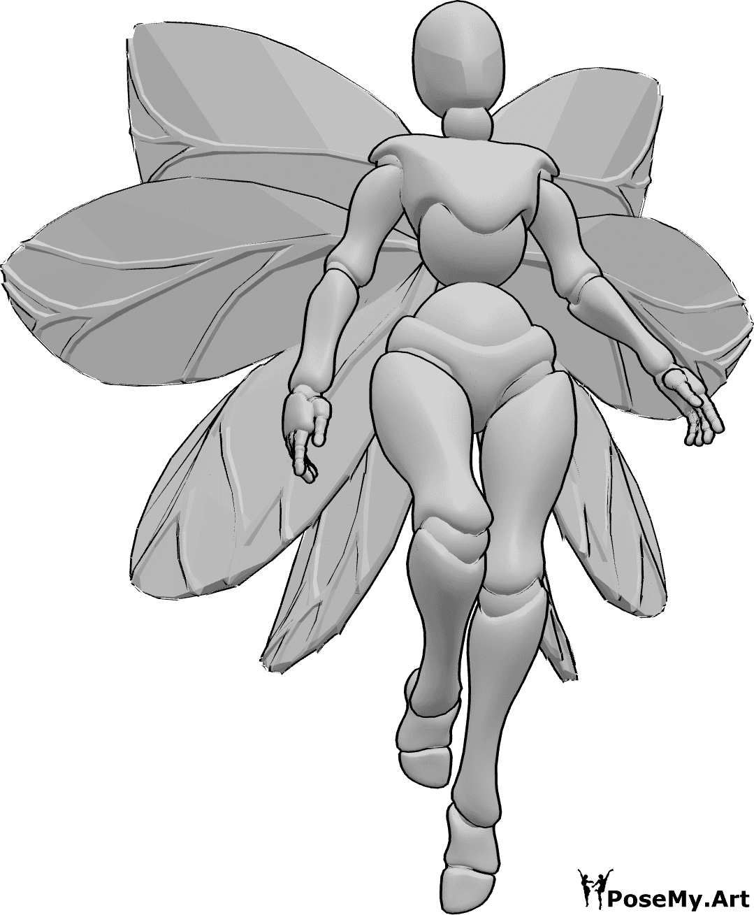 Referencia de poses- Postura con alas de hada - Mujer con alas de hada está flotando en el aire, mirando hacia adelante, alas de referencia