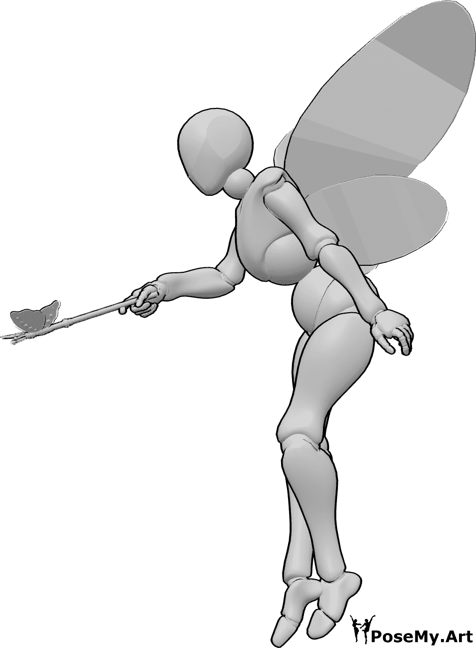 Posen-Referenz- Zauberspruch Feenpose - Weibliche Fee schwebt und bückt sich, um mit ihrem Feenstab einen Zauber zu sprechen