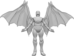 Référence des poses- Ailes de diable en position debout - Homme avec des ailes de diable, debout, regardant vers le haut et levant les mains.