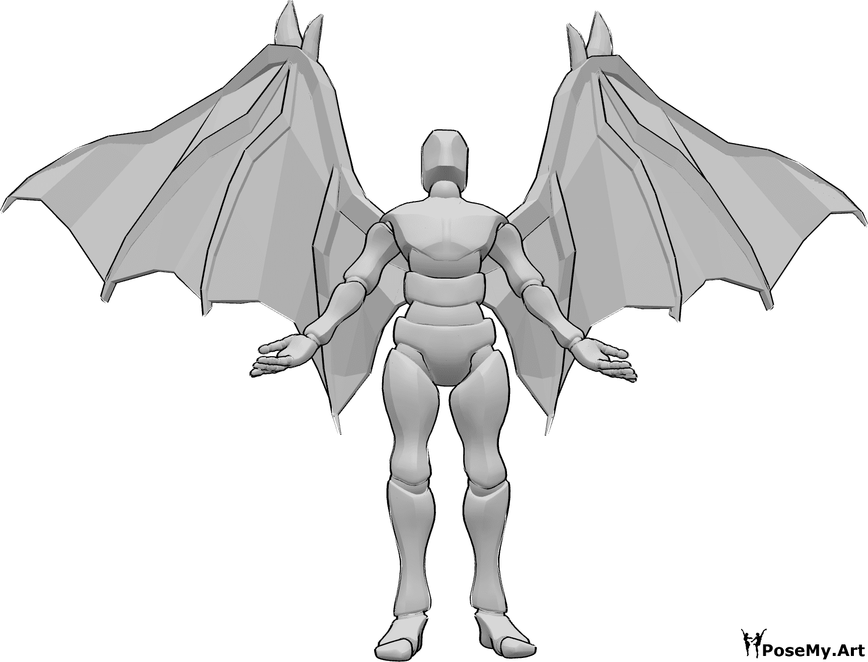 Referencia de poses- Postura de pie con alas de diablo - Varón con alas de diablo está de pie, mirando hacia arriba y levantando las manos
