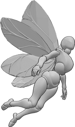 Referência de poses- Pose com asas de fada a voar - Fada feminina está a voar, olhando para a frente, referência a asas de fada