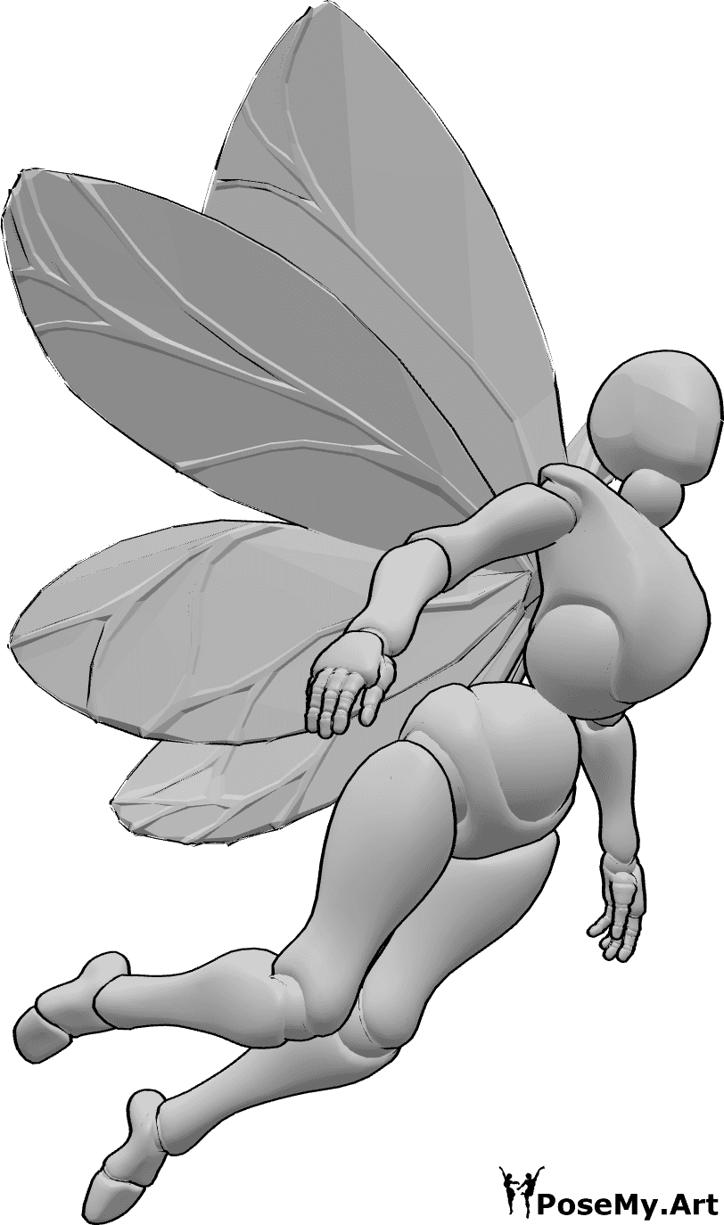 Riferimento alle pose- Posa di ali di fata in volo - Fata femmina sta volando, guardando in avanti, riferimento ali di fata