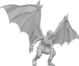 Referência de poses- Pose de aterragem das asas do diabo - Homem com asas de diabo está a aterrar, olhando para a frente e equilibrando-se com as mãos